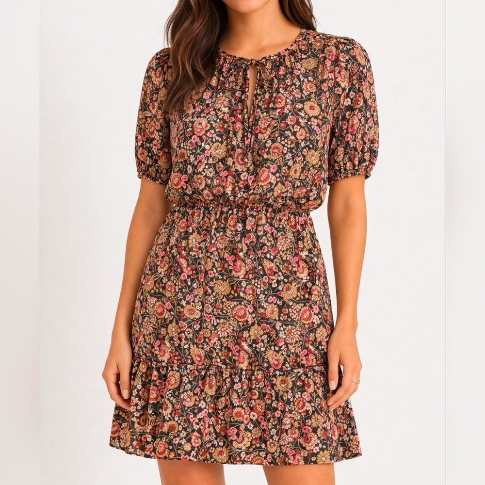 Ann Taylor Floral Tie-Neck Tiered Dress | Puff Sleeve Boho Midi